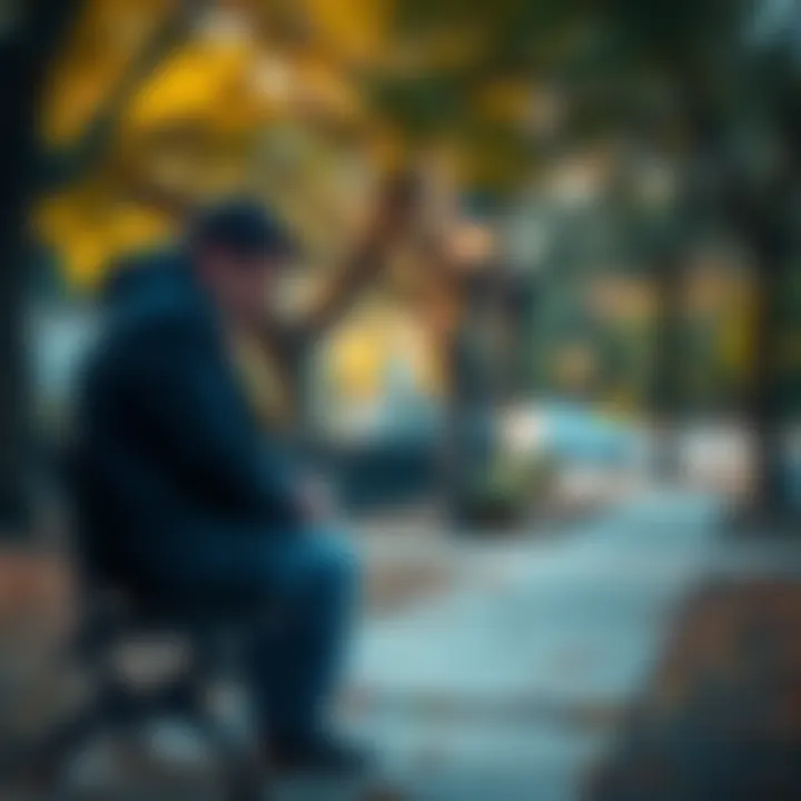 A person looking down with a sad expression while sitting on a park bench surrounded by trees