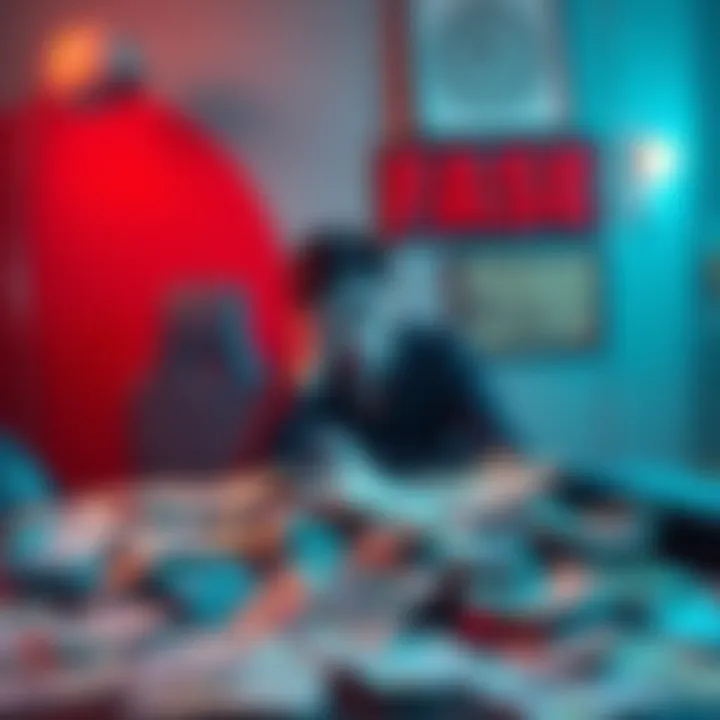 A distressed individual sits at a table filled with unpaid bills, reflecting on their gambling losses and struggle to quit, looking thoughtful and worried