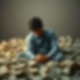 Person sitting alone with bills A person looks distressed while surrounded by unpaid bills, symbolizing the impact of gambling addiction.
