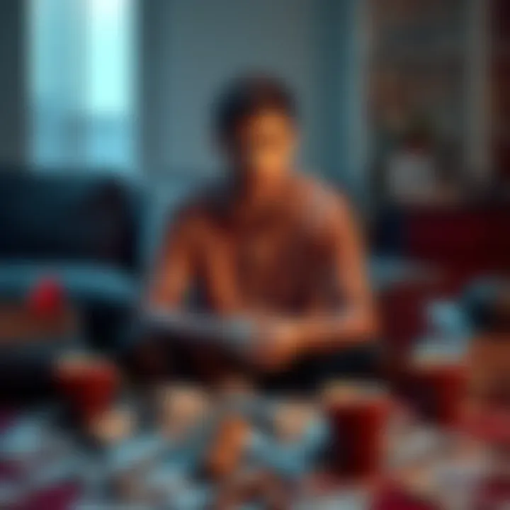 A 30-year-old individual sitting on a couch with a worried expression, surrounded by bills and empty coffee cups, reflecting on their gambling loss and emotional struggle.