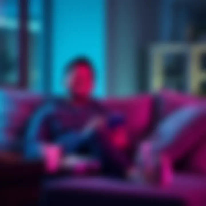 Person smiling while relaxing A person sitting on a couch, smiling and looking relaxed, with a sports betting app on their phone and some money on the table.