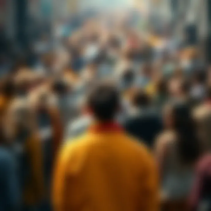 Person Standing Out in a Crowd A person in bright clothing stands out among a group of people in neutral colors, highlighting their unique position in social dynamics.