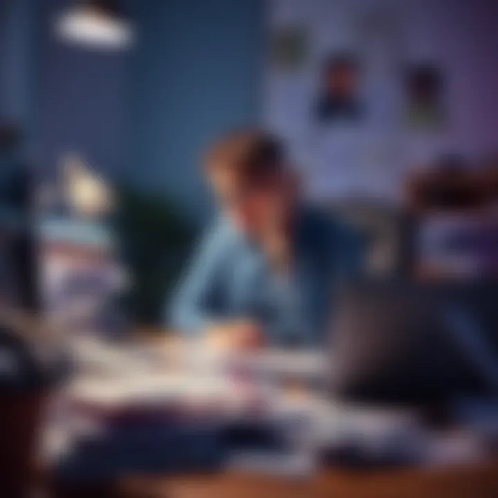Person looking stressed at a desk A person sitting at a cluttered desk, looking overwhelmed while holding their head in their hands, surrounded by paperwork and a laptop.