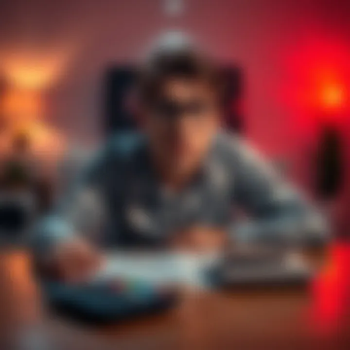 Individual sitting at a table with bills and a calculator, looking worried about their financial situation