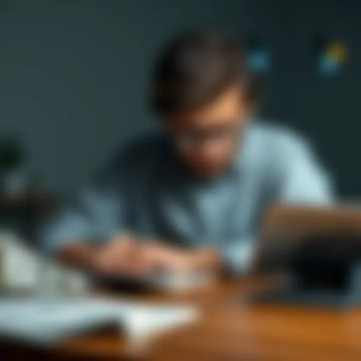 Person looking stressed about finances A worried person sitting at a table with bills and a calculator, reflecting on a financial loss of $1500, seeking help from the community.