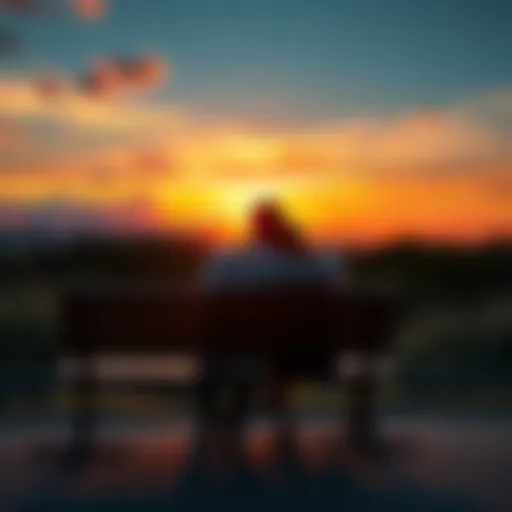 A person sits on a bench sharing a comforting moment with a close friend during a sunset, symbolizing trust and connection.