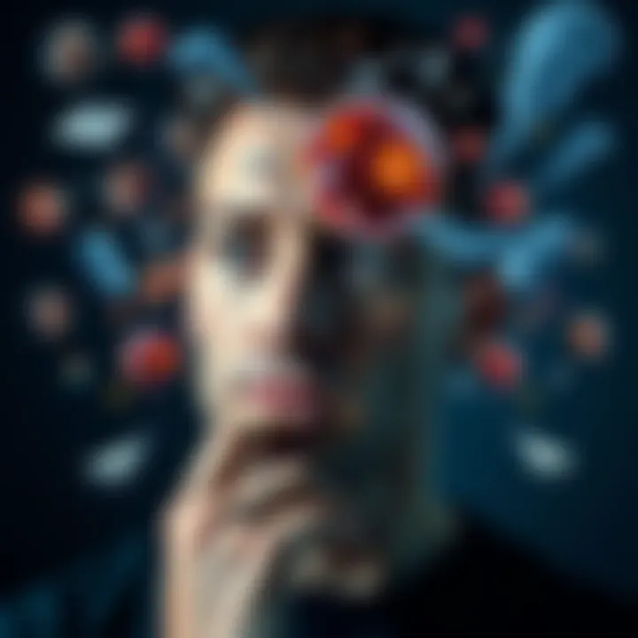 A person with a thoughtful expression, surrounded by swirling thoughts and images representing overthinking.