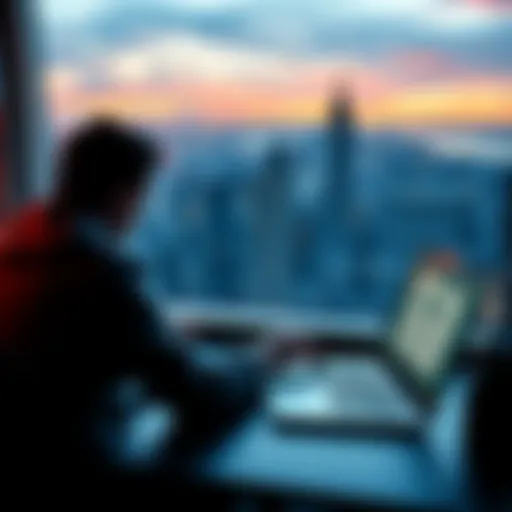 Individual sitting at a desk using a laptop with a VPN software open, while a city skyline is visible through the window