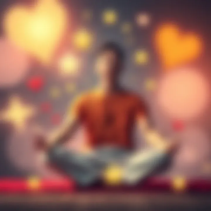 A person sitting cross-legged, meditating with a serene expression, surrounded by symbols of success and happiness such as stars and hearts.