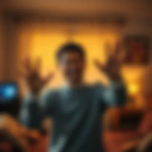 A cheerful person waving goodbye with a smile in a cozy room, surrounded by warm lighting, conveying a lighthearted farewell.