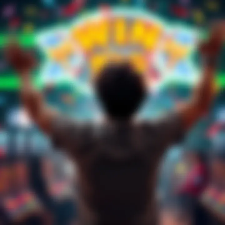 A person celebrating a big win at a game, showing excitement with raised hands, surrounded by colorful confetti.