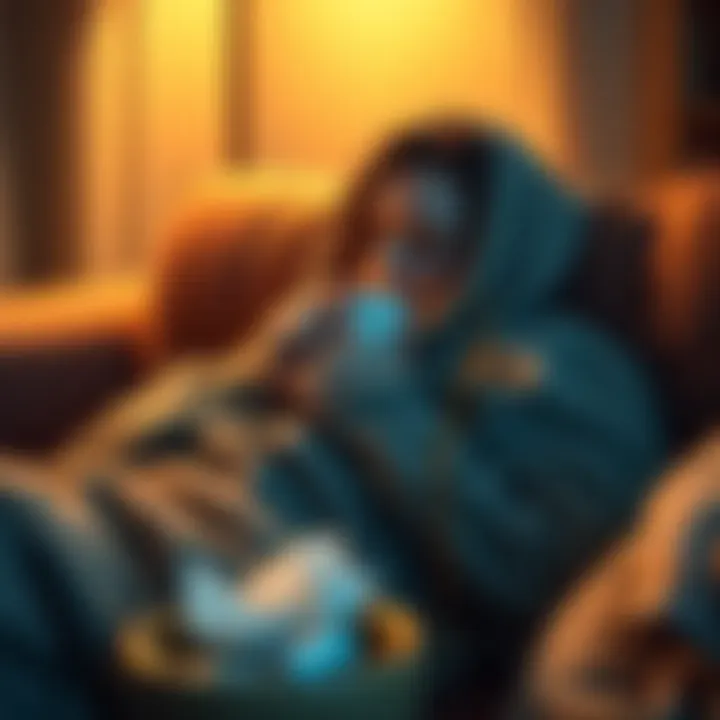 Person with a cold resting with tea A person wrapped in a blanket, sipping tea while resting on a couch with tissues nearby