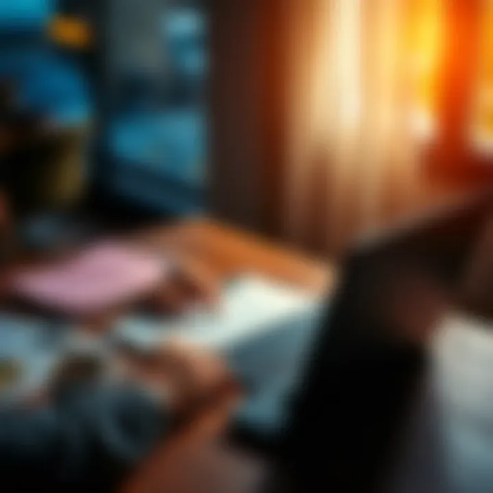 A person focused on a laptop, surrounded by notes and coffee, working productively