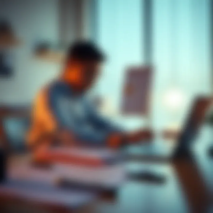 A person focused on completing a project with documents and a laptop on a desk