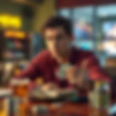 Person looking worried with money in hand A person sitting at a table, looking distressed while holding cash, contemplating whether to share their financial loss with family.