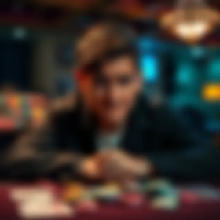Person looking worried with gambling chips A person sitting at a table with a worried expression, surrounded by gambling chips and cards, symbolizing the struggle with gambling addiction.