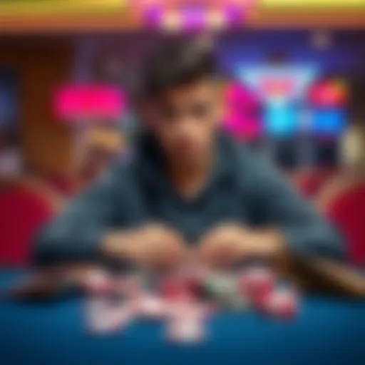 A person looks worried while seated at a table with an empty wallet and gambling chips scattered around, reflecting their struggles with gambling addiction.