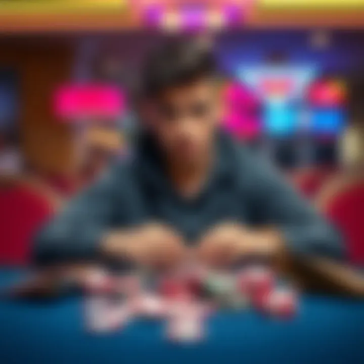 A person looks worried while seated at a table with an empty wallet and gambling chips scattered around, reflecting their struggles with gambling addiction.