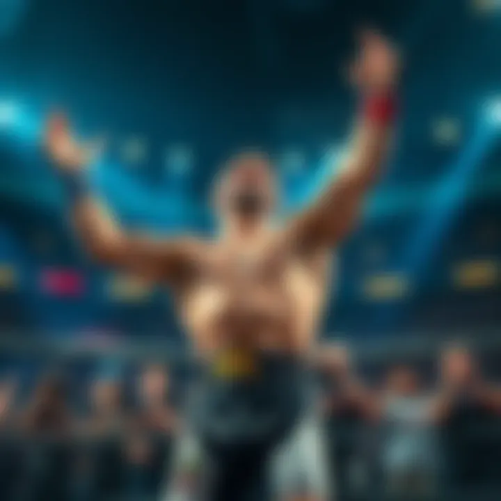 A PFL fighter celebrating a last-minute submission victory in the ring with fans cheering in the background