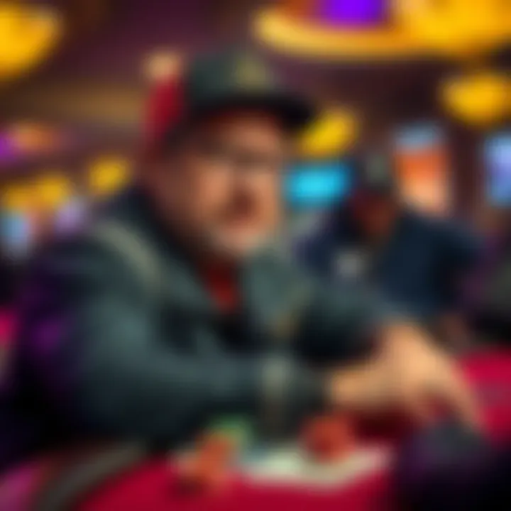 Phil Hellmuth playing poker with a focused expression at the table, surrounded by cards and chips