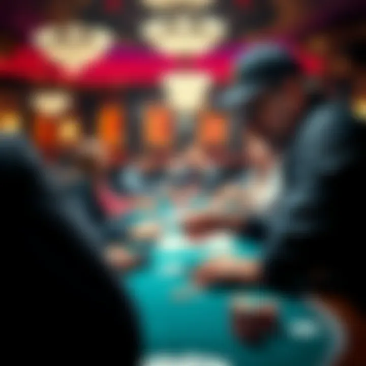 Phil Hellmuth focusing on his cards at a poker tournament, surrounded by chips and other players