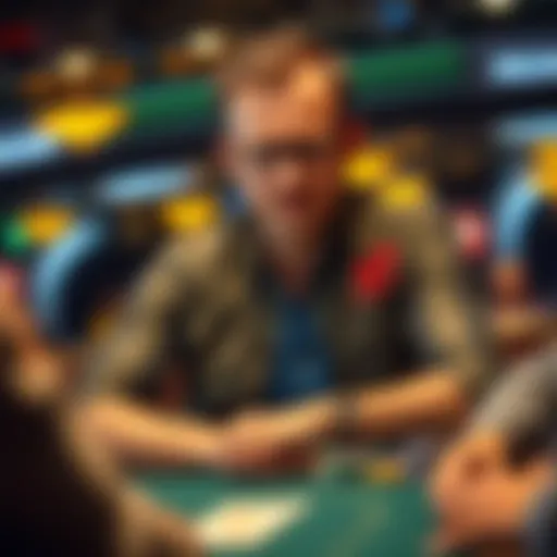 Phil Helmuth focused on a poker game with cards and chips in front of him