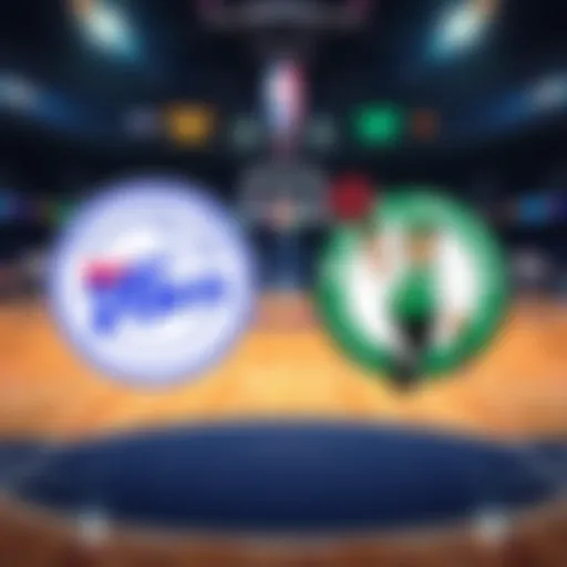 Philadelphia 76ers and Boston Celtics logos side by side with a basketball court background