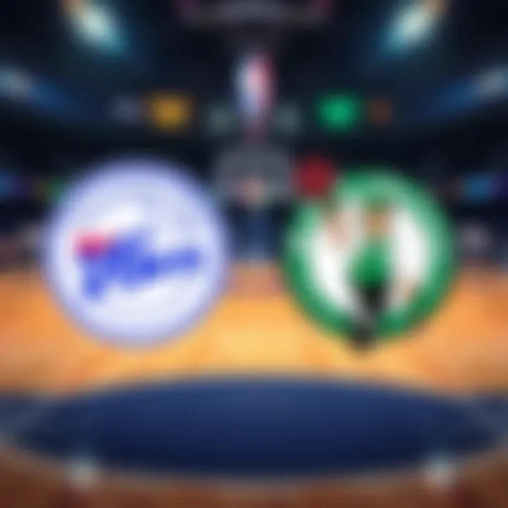 Philadelphia 76ers and Boston Celtics logos side by side with a basketball court background