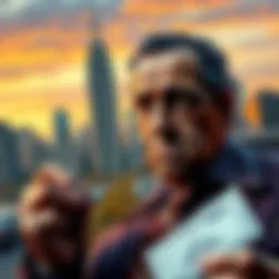 A close associate of Joey Merlino looks concerned while holding a Mega Millions ticket, with a city skyline in the background.