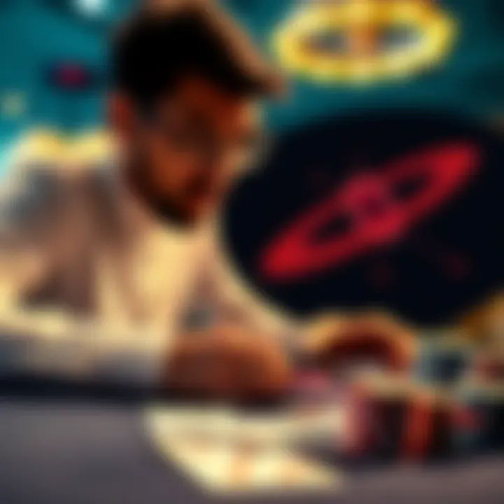 A player analyzing poker chips and cards with a diagram of gravitational lensing in the background, showcasing the connection between physics and game theory.