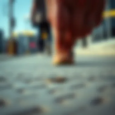 A close-up of a hand reaching down to pick up a quarter from a sidewalk