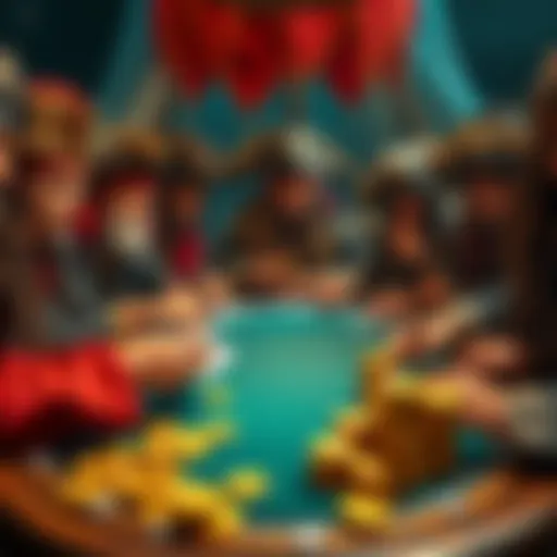 A group of pirates gathered around a table, eagerly playing cards with gold coins stacked around, representing high-stakes gambling.