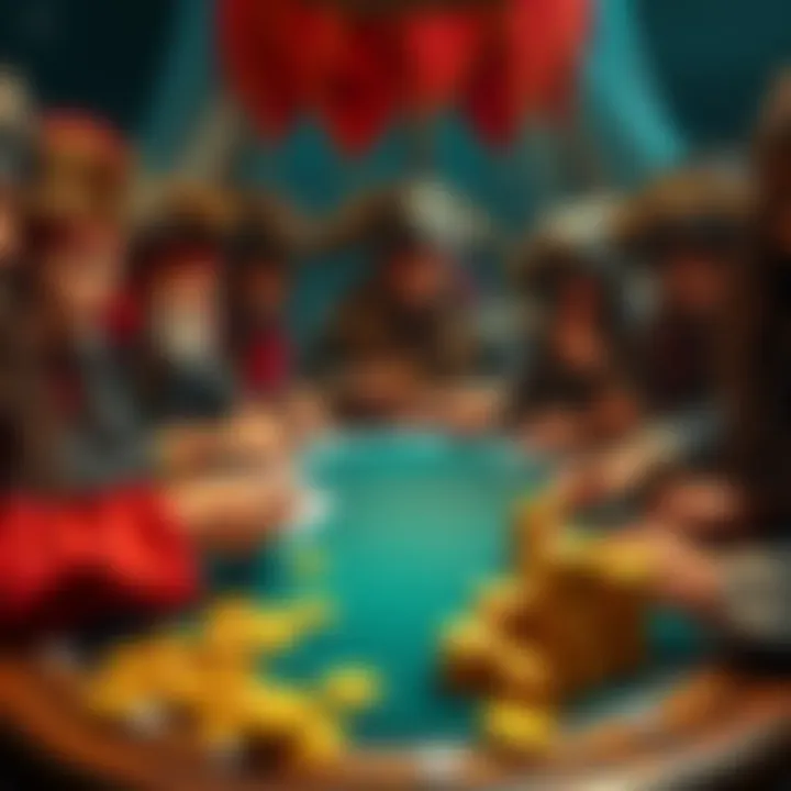 A group of pirates gathered around a table, eagerly playing cards with gold coins stacked around, representing high-stakes gambling.