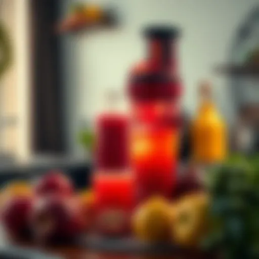 A vibrant Pirate Rocket Juicer making fresh juice with fruits around it.