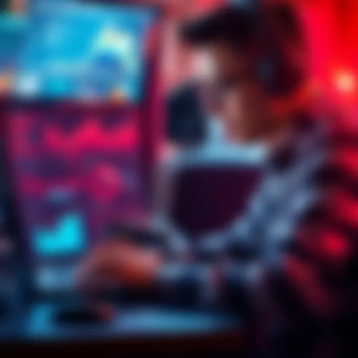 Player analyzing game performance A focused player reviewing strategy data on a laptop, showing charts and graphs related to gaming performance.