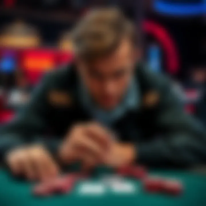 Player Analyzing Poker Hand A poker player looks tense while considering a decision in a $1/$3 cash game, holding J2 offsuit, with chips and cards spread on the table.