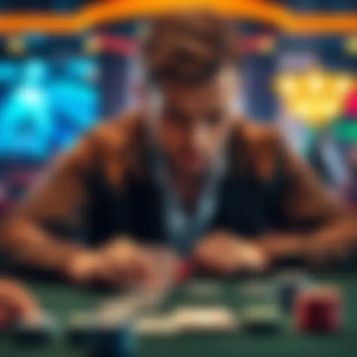 A focused player reviewing a challenging hand in a poker tournament with cards visible on the table