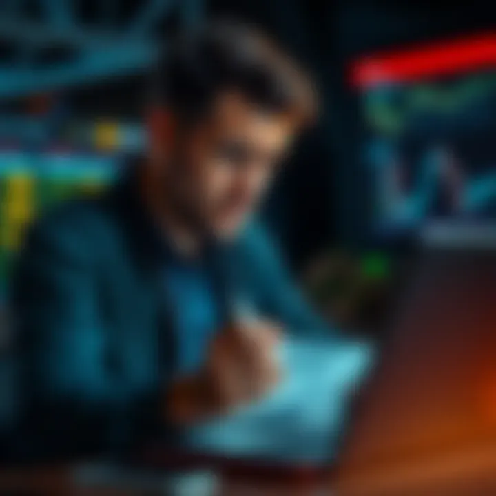 A person looks worried while reviewing betting notes and a laptop showing betting losses, reflecting on their strategy after a tough night.