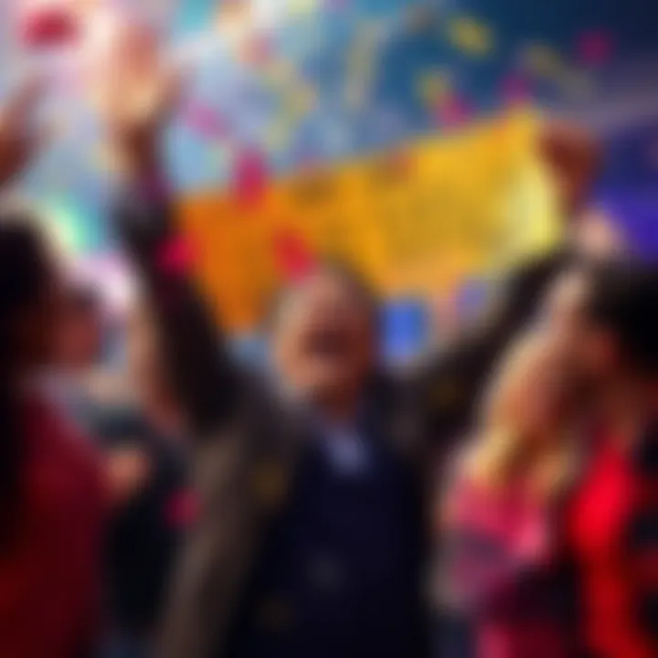 A thrilled player raises a winning ticket with 20,000 odds in celebration, surrounded by friends and confetti.