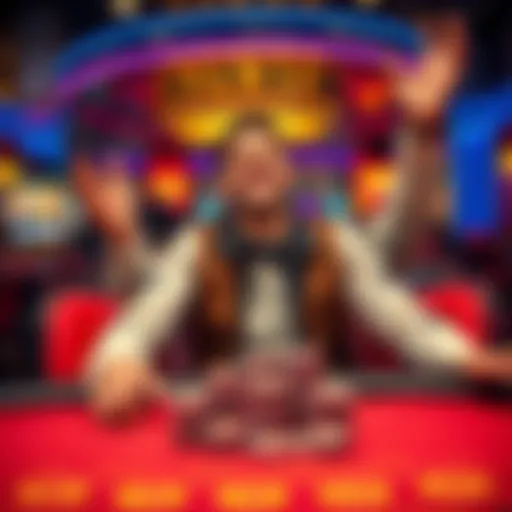 A happy player at a casino table, celebrating after winning multiple rounds of blackjack, with chips stacked in front of them