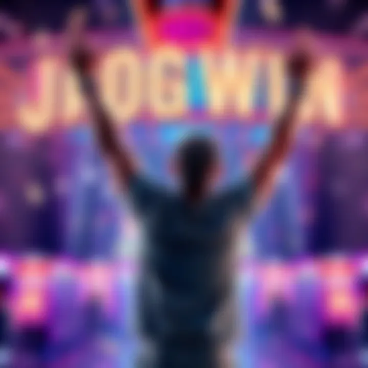 A joyful player raises their arms in victory after hitting a huge jackpot in an online slot game.