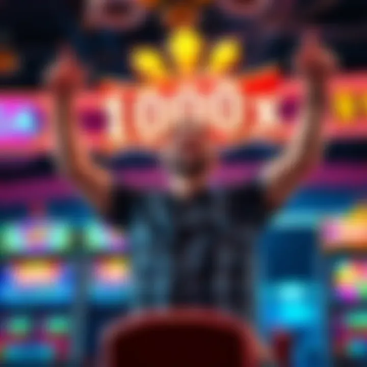 A happy player celebrates hitting a 1000x jackpot on a gaming machine with arms raised in excitement.