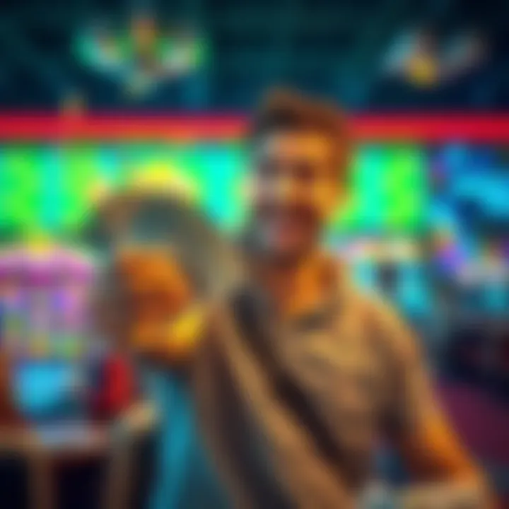 Player Celebrates Cash Win A happy player holding cash after winning from free spins at a casino