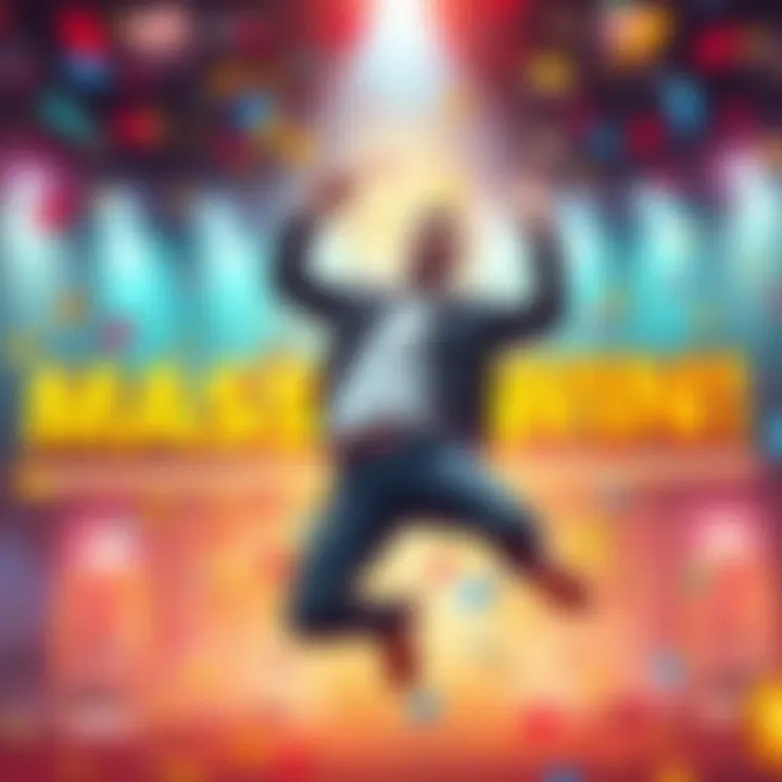 A player joyfully jumping with excitement after hitting a grand jackpot, surrounded by colorful confetti and bright lights.