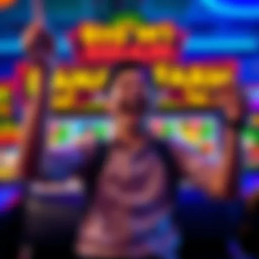 A joyful player celebrating a big payout on the Banana Farm slot machine with colorful graphics in the background.