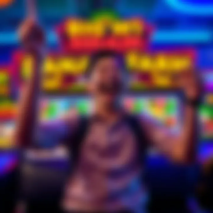 A joyful player celebrating a big payout on the Banana Farm slot machine with colorful graphics in the background.