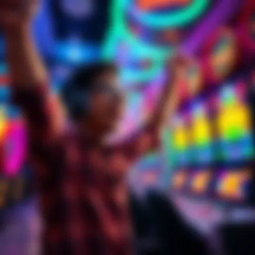 A person excitedly celebrating a $500,000 win in a colorful gaming environment, looking at a screen with bright lights and game graphics.