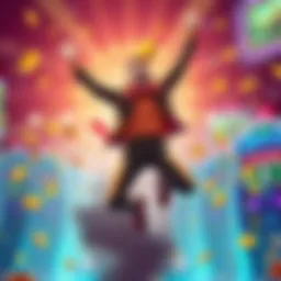 A happy player jumps with joy after winning on the Gift Bonanza slot machine, with bright lights and symbols around
