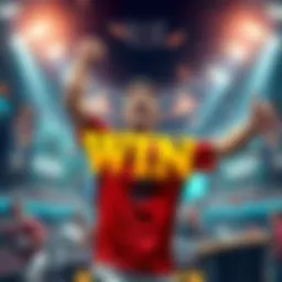 Excited player celebrating a big betting win with arms raised and a smile, surrounded by sports memorabilia