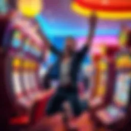 A person jumps for joy in front of a slot machine, showing excitement after winning big at the casino.